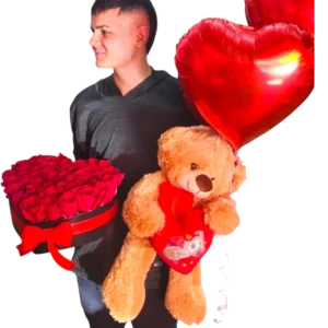 Amor Infinito – Regalo Romántico con Rosas Rojas, Oso de Peluche y Globo