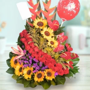 Dulce Celebración – Arreglo de Girasoles, Rosas y Flores Multicolor