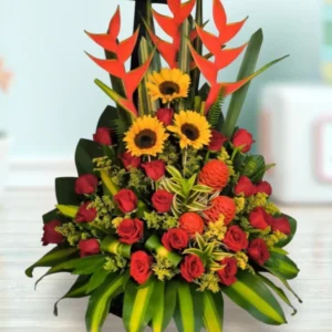 Jardín del Sol – Arreglo de Girasoles, Rosas Rojas y Flores Tropicales