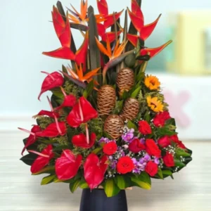 Fiesta Tropical – Arreglo de Girasoles, Rosas Rojas y Flores Tropicales