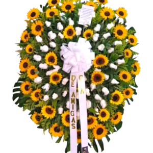 Memoria Dorada – Corona Fúnebre de Girasoles y Flores Blancas